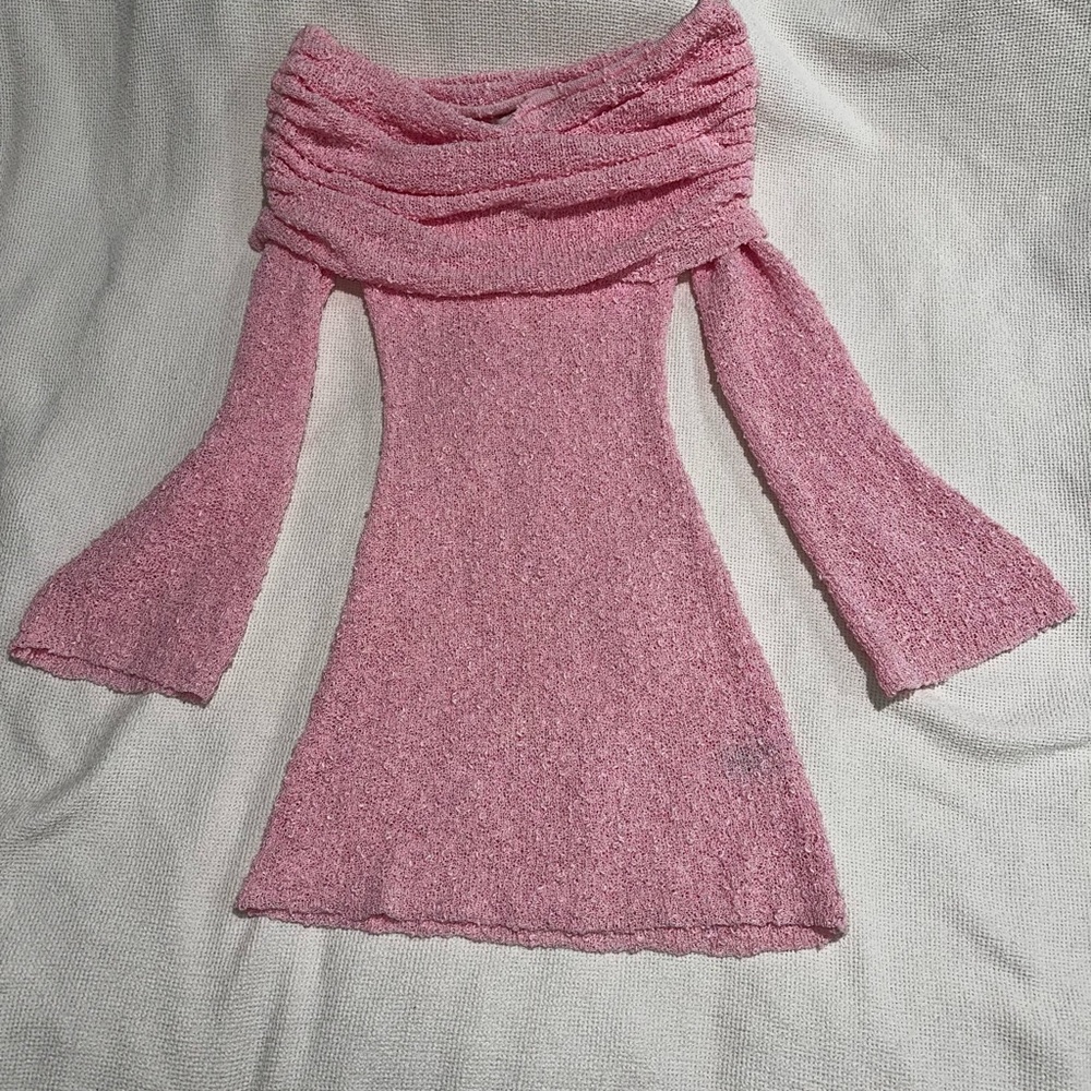 Meshki Pink Off the Shoulder Knit Mini Dress